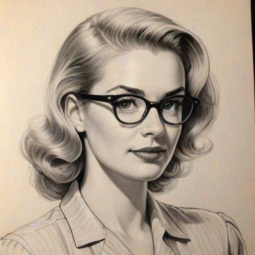 Delightful Leslie Grossman, pencil sketch, portrait of Enticing woman 1942s in glasses, hair style beatnik, outline, clear lines, fine lines, 8k