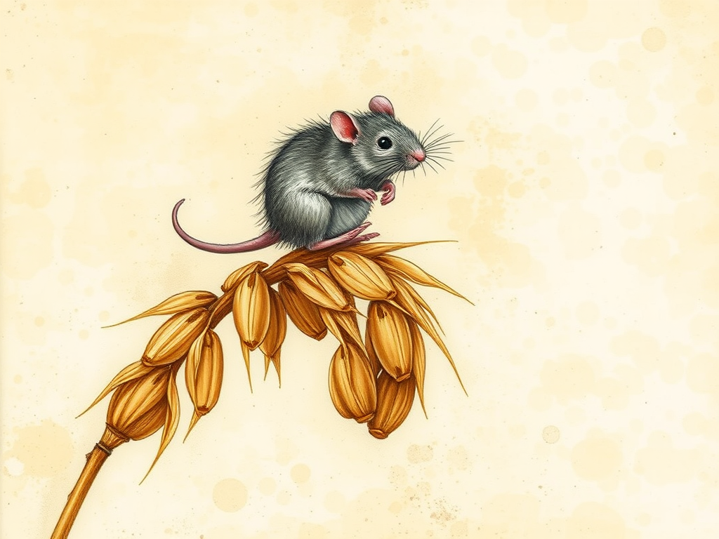 Soft, muted Alcohol Ink with ebru effect background image of tiny whimsical rat, who climbed high on the top of a golden rye ear.