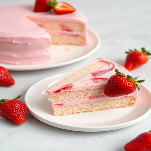 A slice of pink strawberry cake on a white plate with a fresh strawberry on the side and a background of the whole cake with a light grey surface and soft natural lighting.