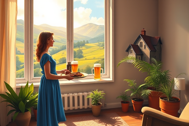 In "A Glass of Beer on the Highland," a serene scene is depicted in a sunlit room where a woman in a vibrant blue dress stands by a large window. She holds a tray with a hearty meal and a frothy glass of beer, embodying a moment of relaxation. Outside, the breathtaking highland landscape features rolling green hills and a charming traditional house, all bathed in warm afternoon light. The interior is adorned with potted plants, creating a harmonious blend of comfort and nature. The painting beautifully captures the tranquility and joy found in simple pleasures amidst stunning scenery