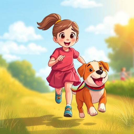 Generate a vibrant illustration of a young girl joyfully running with her playful dog on a leash in a cartoon style, using a Canon EOS R5, 50mm lens, f/1.8 aperture, ISO 100, bright natural lighting, and focus on dynamic motion to enhance color saturation and clarity.