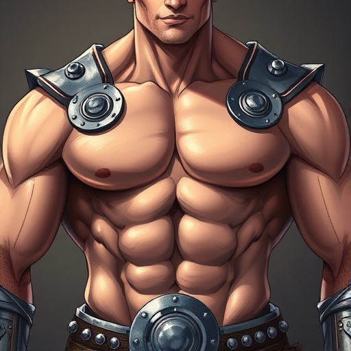 Create a high-resolution illustration of a muscular torso with defined abs and shoulders, featuring metallic armor details and studded embellishments, using a DSLR camera with a 50mm lens, f/2.8 aperture, ISO 100, and a shallow depth of field for enhanced focus and clarity.