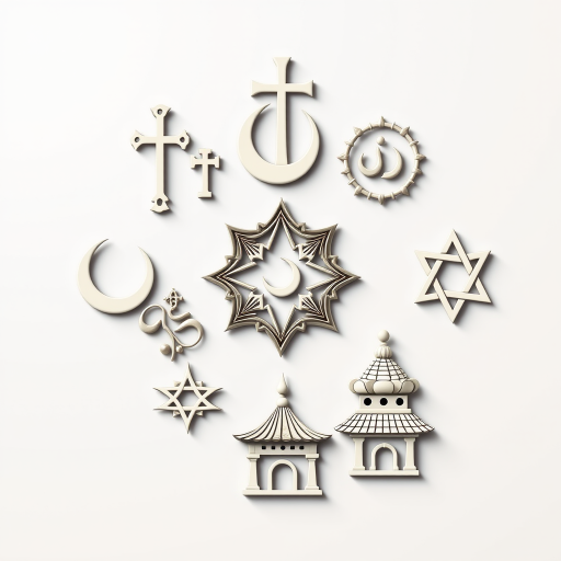 Create a vector graphic of diverse religious symbols including a Christian cross, Islamic crescent, Hindu Om, Buddhist wheel, Jewish star, Sikh Khanda, and Shinto shrine on a smooth gradient background, using a DSLR camera, f/8 aperture, 50mm lens, ISO 100, and soft natural lighting to enhance image clarity and detail.