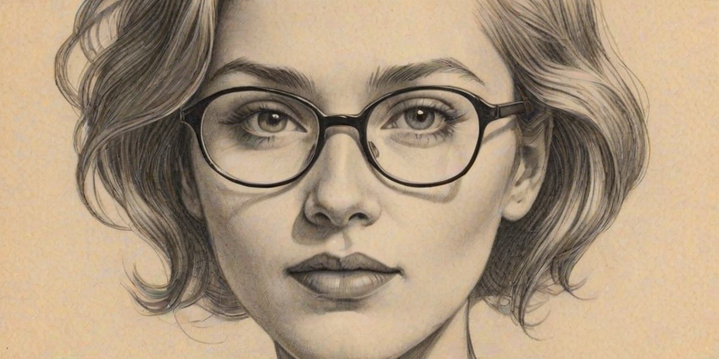 Ravishing Grace Van Dien, pencil sketch, portrait of Wonderful woman 1924s in glasses, hair style beatnik, outline, clear lines, fine lines, 8k