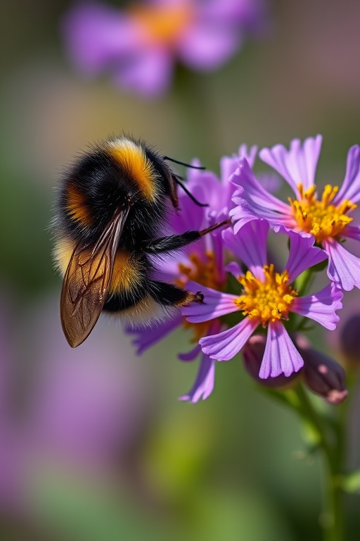 A close-up shot of a bumblebee resting on vibrant purple flowers, shallow depth of field to blur the background, taken with a Canon EOS R5, 85mm lens, f/2.8 aperture, ISO 100, natural lighting.