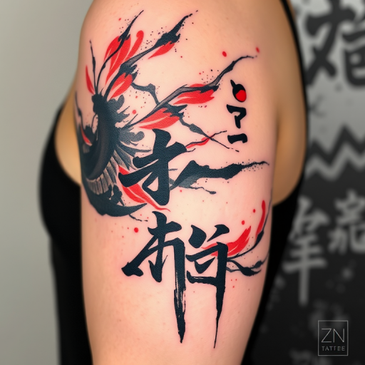 Brush stroke tattoo called "Zen Calligraphy" featuring bold expressive ink-like strokes forming abstract representations of nature and Japanese characters with a dynamic sense of movement
