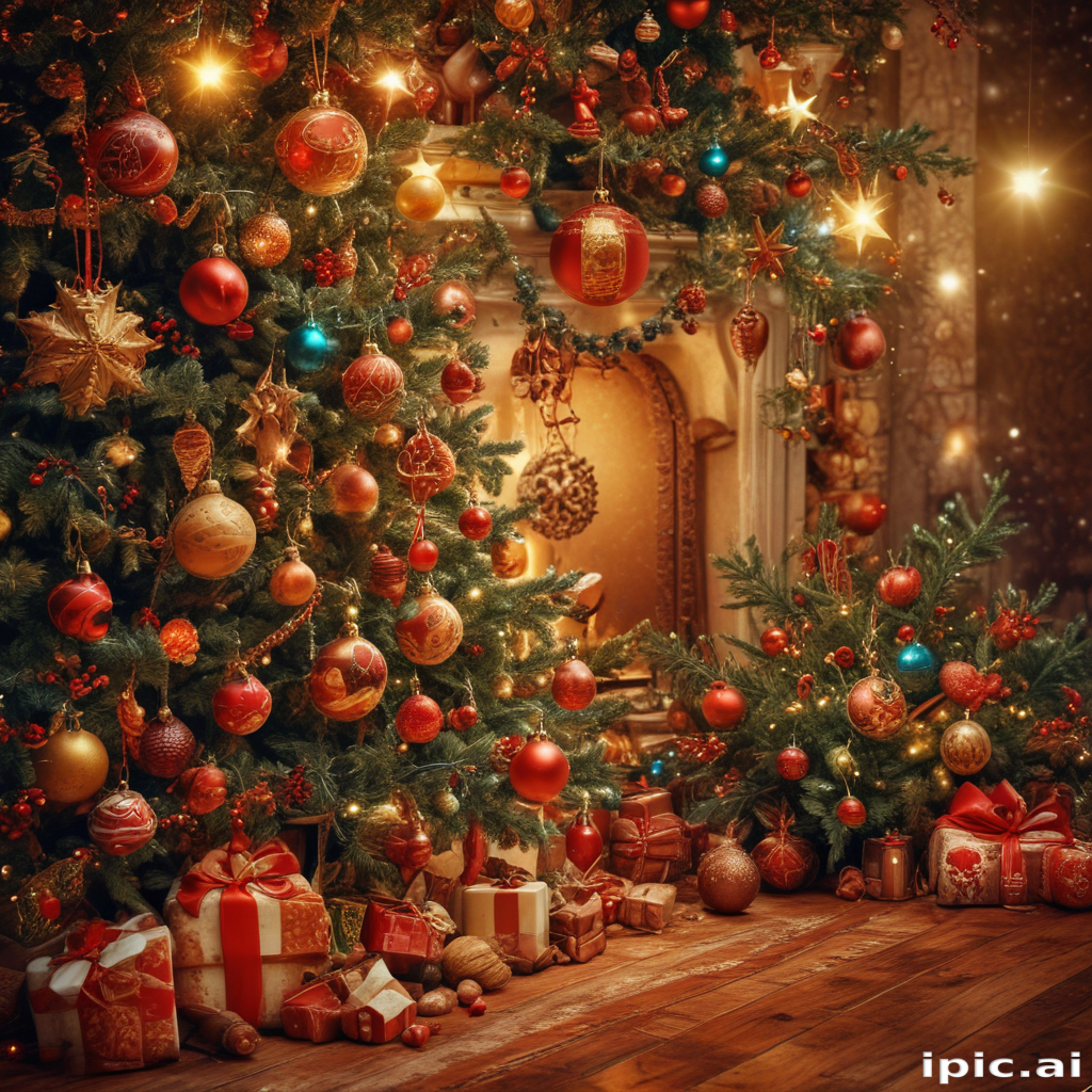 Cozy Christmas Scene with Decorated Trees and Festive Gifts Underneath