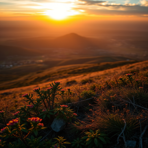 Create a detailed landscape scene during golden hour with vibrant colors, use a DSLR camera with a 50mm lens, aperture f/1.8, ISO 100, shutter speed 1/200 sec, captured from a high vantage point for sweeping views.