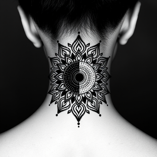 Dotwork mandala sun and moon design on back of neck, intricate patterns created entirely with tiny dots, gradient effect from black to gray