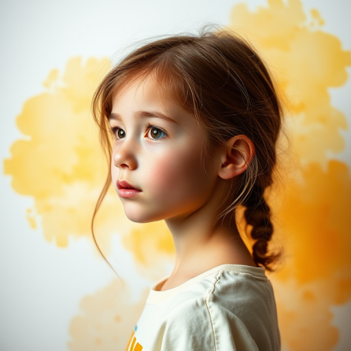 portrait of a girl with a yellow and orange watercolor background, soft lighting, DSLR camera, aperture f/2.8, shutter speed 1/125s, ISO 100, 50mm lens, natural light, side profile view