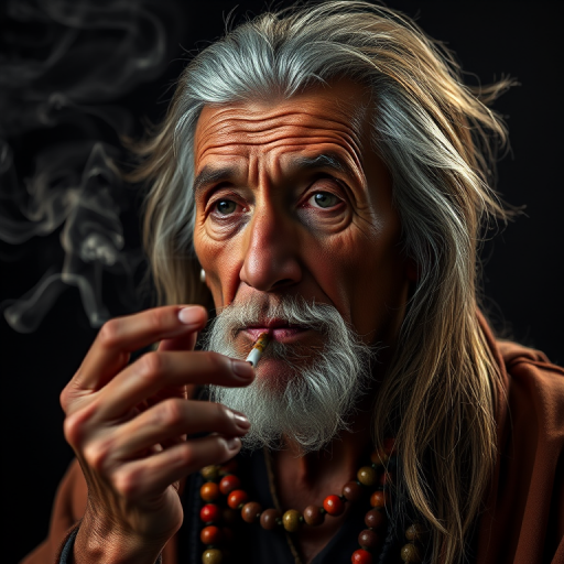 portrait of an elderly man with long hair smoking a cigarette, wearing traditional attire and beads, smoke swirling around him, soft dramatic lighting, shallow depth of field, 85mm lens, f/1.8 aperture, ISO 200, studio setup with black background, high dynamic range imaging