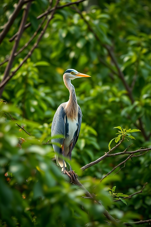 A heron perched on a branch surrounded by lush green foliage, shot with a Canon EOS 5D Mark IV, 200mm lens, f/4 aperture, ISO 100, 1/500 sec, natural lighting, shallow depth of field.