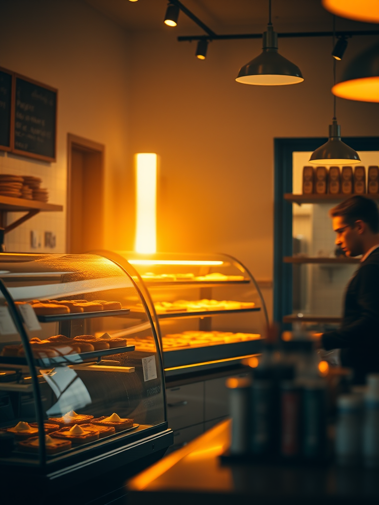 Warmly lit photo of a small bakery at dawn, soft light from the rising sun reflecting off glass cases filled with pastries, and a barista behind the counter blurred in motion.
