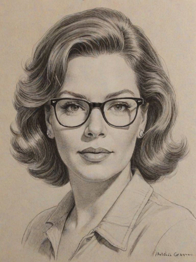 Appealing Marsha Gay Harden, pencil sketch, portrait of Wonderful woman 1954s in glasses, hair style beatnik, outline, clear lines, fine lines, 8k
