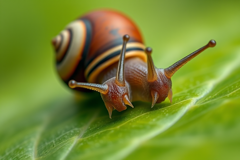 Close-up of a snail on a green leaf, using a macro lens at f/2.8, 1/100 sec, ISO 200, natural light, shallow depth of field, DSLR camera.