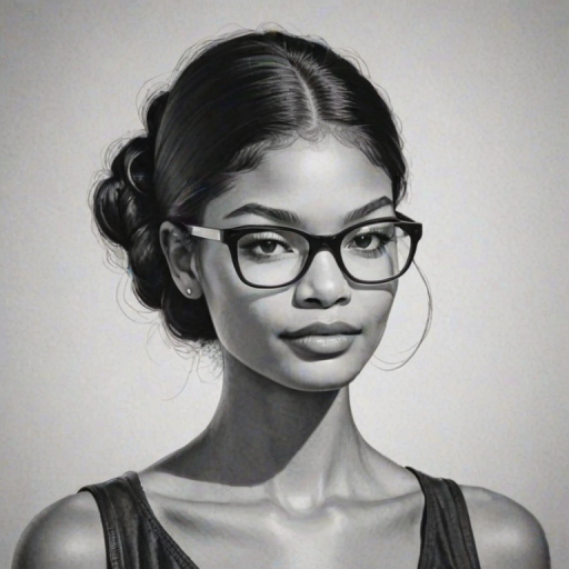 Fascinating Chanel Iman, pencil sketch, portrait of Attractive woman 1957s in glasses, hair style beatnik, outline, clear lines, fine lines, 8k