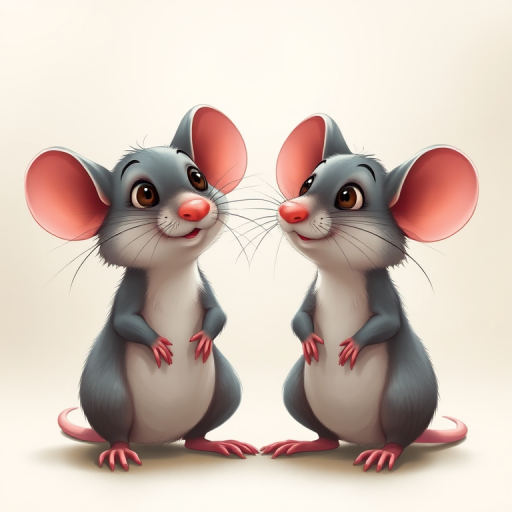 Create a high-resolution illustration of two cartoon mice sitting upright, facing each other, with exaggerated features and whiskers, using a digital art style, 50mm lens, f/2.8 aperture, ISO 100, and a soft focus background for enhanced clarity.