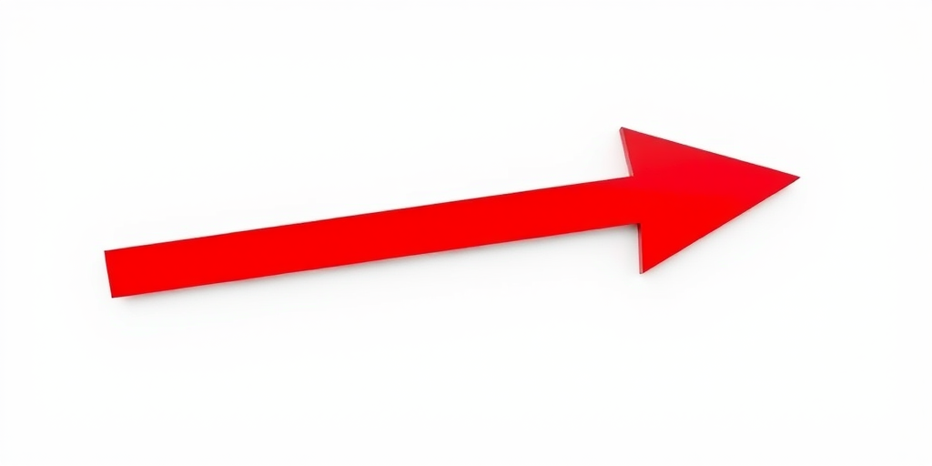 Create an image of a bold red directional arrow with a 3D effect on a white background, using a Canon EOS 5D Mark IV, aperture f/8, ISO 100, 50mm lens, landscape orientation, high dynamic range.