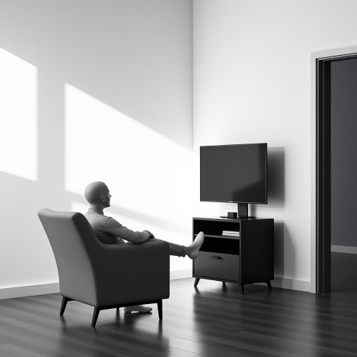 Create a high-resolution image of a minimalist style figure sitting in a chair and watching a television, with a focus on geometric shapes and contrast, using a DSLR camera with a 50mm lens, f/1.8 aperture, ISO 100, in natural lighting from the left side, emphasizing clarity and detail.