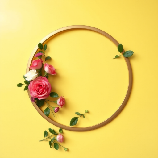 generate a floral design with a circular golden border on a yellow background, featuring a colorful arrangement of roses and greenery in the lower left corner, with soft lighting for a bright and cheerful aesthetic, taken with a DSLR camera at f/2.8, 50mm lens, ISO 100, and a shallow depth of field to enhance detail and clarity