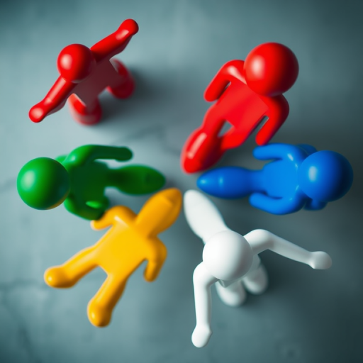 Create an image of four stylized human figures in a circular arrangement, each representing a different color (red, green, blue, and white), shot with a DSLR camera at f/8, ISO 100, 24mm lens, overhead view, using a soft focus background to enhance the figures' prominence.