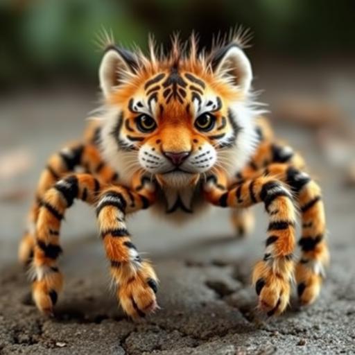 This charming yet frightening Spider Tiger features six legs, a hairy, furry body, and a cat-like tiger physique combined with an insectoid tiger head and tiger legs. The furry head further adds to the creature's unique appearance, creating a captivating blend of cuteness and fear that makes this six-legged, furry, insect-inspired tiger both adorable and scary.