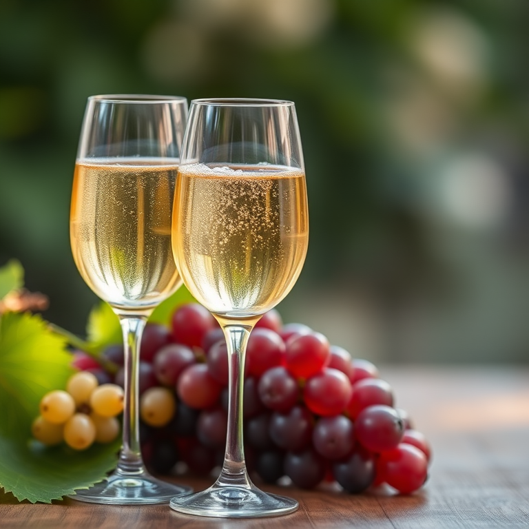 Create an illustration of two elegant wine glasses filled with sparkling wine, placed beside a bunch of grapes, captured in a soft focus style using a DSLR camera with a 50mm lens, f/1.8 aperture, ISO 200, natural lighting, and a shallow depth of field for enhanced image quality.