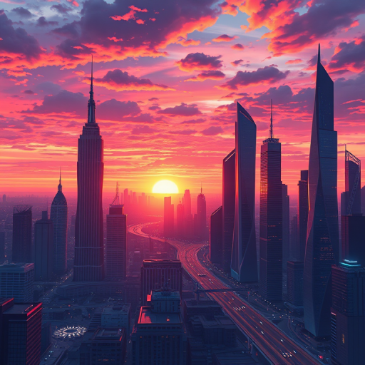 Create a detailed illustration of a futuristic city skyline at sunset with vibrant colors, use a DSLR camera with a 50mm lens, aperture f/2.8, ISO 100, 1/200 sec shutter speed, shot from a high vantage point for a wide view, style: hyper-realistic.