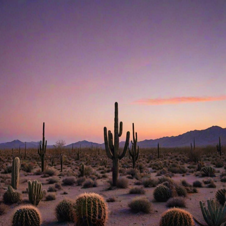Soft-focus image of a tranquil desert landscape at dusk, with soft purple and orange hues in the sky, scattered cacti silhouetted against the fading light.