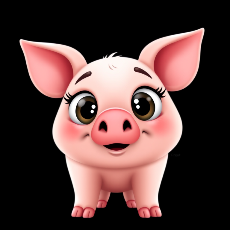Create a cute cartoon pig with large expressive eyes, standing on all fours, using a DSLR camera with an f/2.8 aperture, 50mm lens, 1/200 shutter speed, and a vibrant color palette against a solid black background.