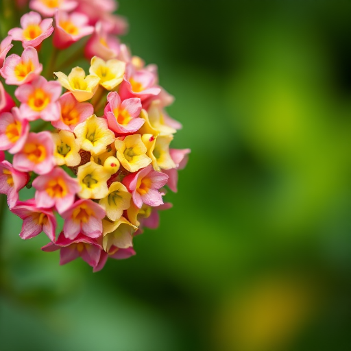 Close-up shot of pink and yellow flowering clusters with a blurred green background, ISO 100, aperture f/2.8, shutter speed 1/200s, macro lens, DSLR camera, natural lighting.