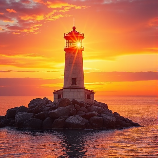 Generate an image of a tall lighthouse perched on a rocky outcrop surrounded by calm ocean waters during a breathtaking sunset. The lighthouse stands sturdy and weathered, its stone surface illuminated by the warm golden light of the setting sun. The sun's rays pass directly through the glass lantern room at the top of the lighthouse, casting a brilliant light across the scene. The sky is painted with vibrant shades of orange, pink, and purple, reflecting off the tranquil sea. The surrounding water shimmers with the same warm hues, creating a serene and majestic atmosphere.