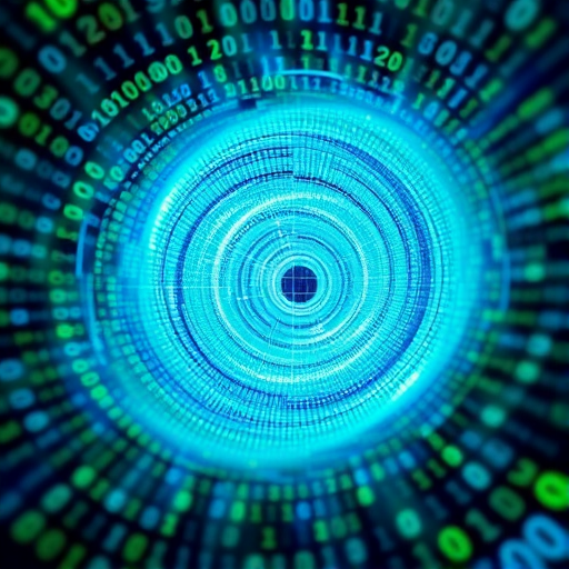 Create a vivid digital artwork of a swirling vortex made of binary code, glowing in shades of blue and green, captured with a Canon EOS R5, 50mm lens at f/2.8, ISO 100, using a macro perspective to enhance details and sharpness.