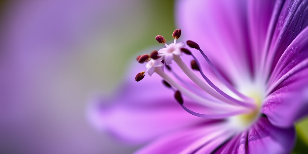 macro shot of a purple flower with detailed stamen and soft bokeh background, using a DSLR camera with a 100mm f/2.8 macro lens, aperture at f/4, shutter speed 1/200s, ISO 200, natural light, focused on flower details