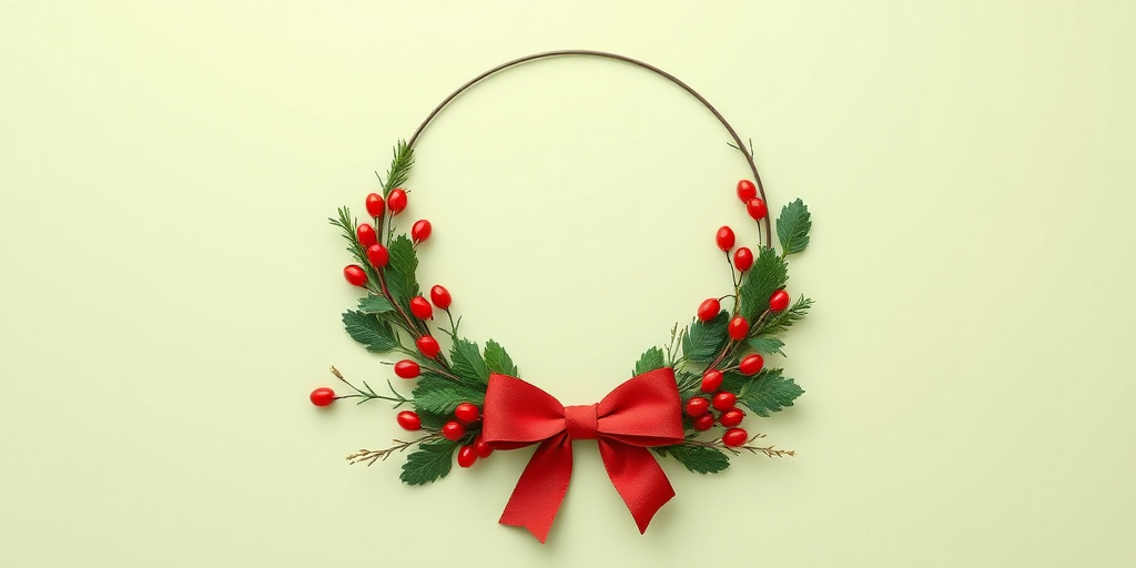 create a minimalist holiday wreath illustration with red berries, green foliage, and a bow on a soft green background, DSLR camera, ISO 100, aperture f/4, 50mm lens, top-down view, natural light