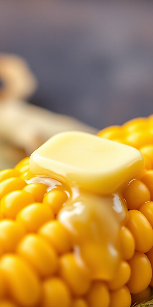 Create a hyper-realistic image of a golden ear of corn with melting butter on top, with vibrant colors and detailed texture, using a DSLR camera, 50mm lens, f/1.8 aperture, ISO 100, and natural lighting for enhanced clarity.