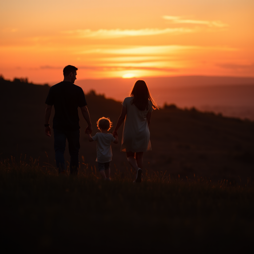 silhouette of a family walking hand in hand on a grassy hill at sunset, warm colors in the sky, captured with a Canon EOS R5, 50mm lens, f/1.8, ISO 100, sunset lighting, wide aperture for shallow depth of field, soft focus for an ethereal effect