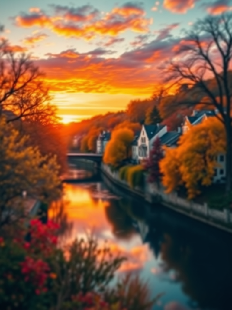 Create a vibrant autumn landscape at sunset featuring colorful trees, a serene river reflecting the colors, charming buildings along the shore, with a bokeh effect; use a DSLR camera with a 50mm lens, aperture f/1.8, ISO 100, and shutter speed 1/125s for enhanced sharpness and depth of field.
