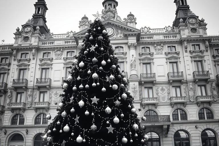 Generate a black and white image of a large Christmas tree decorated with ornaments in front of an ornate historical building. The scene should capture the festive atmosphere, highlighting the tree and the architectural details of the building in the background, with a star on top of the tree.