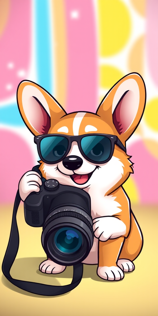 Create an illustration of a cartoon corgi wearing sunglasses, shot with a DSLR camera, 50mm lens, f/2.8 aperture, with a bright and colorful background in a studio setting.