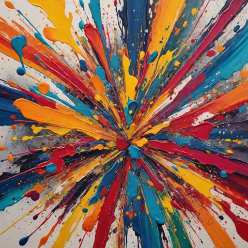 Create an image that features a vibrant, abstract painting with various patterns and color splashes. The painting should be the main focus of the image.