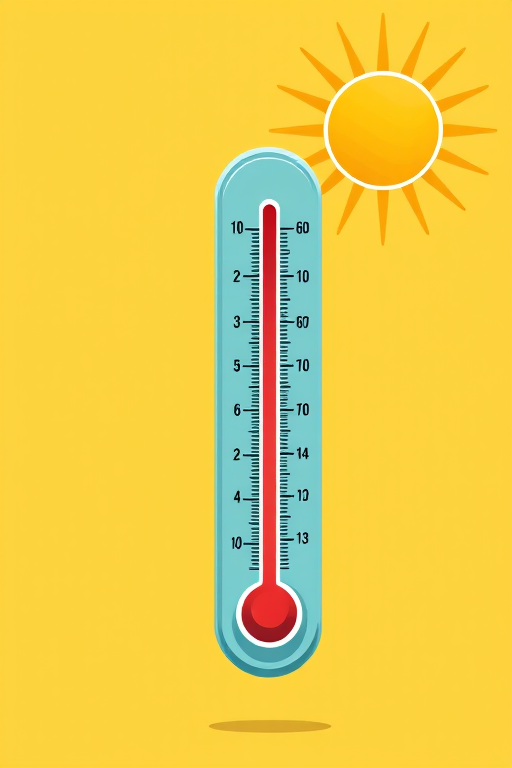 Create a vibrant illustration of a thermometer on the left, against a warm yellow background with a bright sun emitting rays in the upper right corner, using a Canon EOS R5 with a 50mm lens at f/1.8, ISO 100, and shutter speed of 1/250s for clarity and depth.
