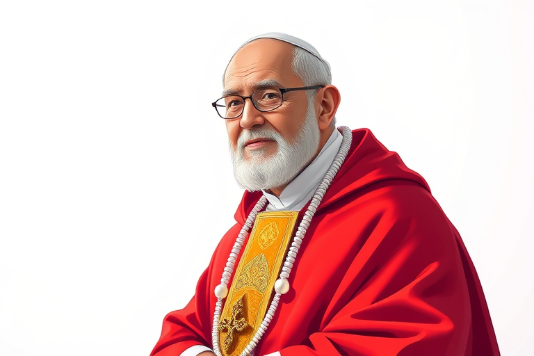 Create a vibrant illustration of a religious leader in traditional robes with a bright red cape and white accessories, captured with a DSLR camera at f/2.8 aperture, 50mm lens, high saturation to enhance colors, in a well-lit studio setting for clear details and sharpness.