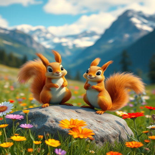 Generate a vibrant scene featuring two animated squirrels standing on a rock surrounded by colorful wildflowers in a lush meadow with majestic mountains in the background, shot with a Canon EOS R5 at f/2.8, ISO 100, focal length 50mm, in natural light for enhanced detail and clarity.