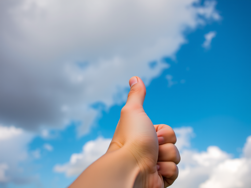 A close-up shot of a hand giving a thumbs-up gesture against a backdrop of a cloudy sky, taken with a DSLR camera at f/8 aperture, ISO 200, 1/200 sec shutter speed, focal length of 35mm, cloudy lighting for a soft effect, capturing vibrant colors and details.