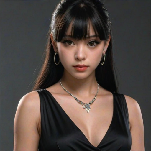 1girl,solo,black hair,jewelry,hand on hip,realistic,earrings,dress,black dress,looking at viewer,sleeveless,nail polish,black eyes,bangs,mole under eye,sleeveless dress,lips,black background,bracelet,upper body,