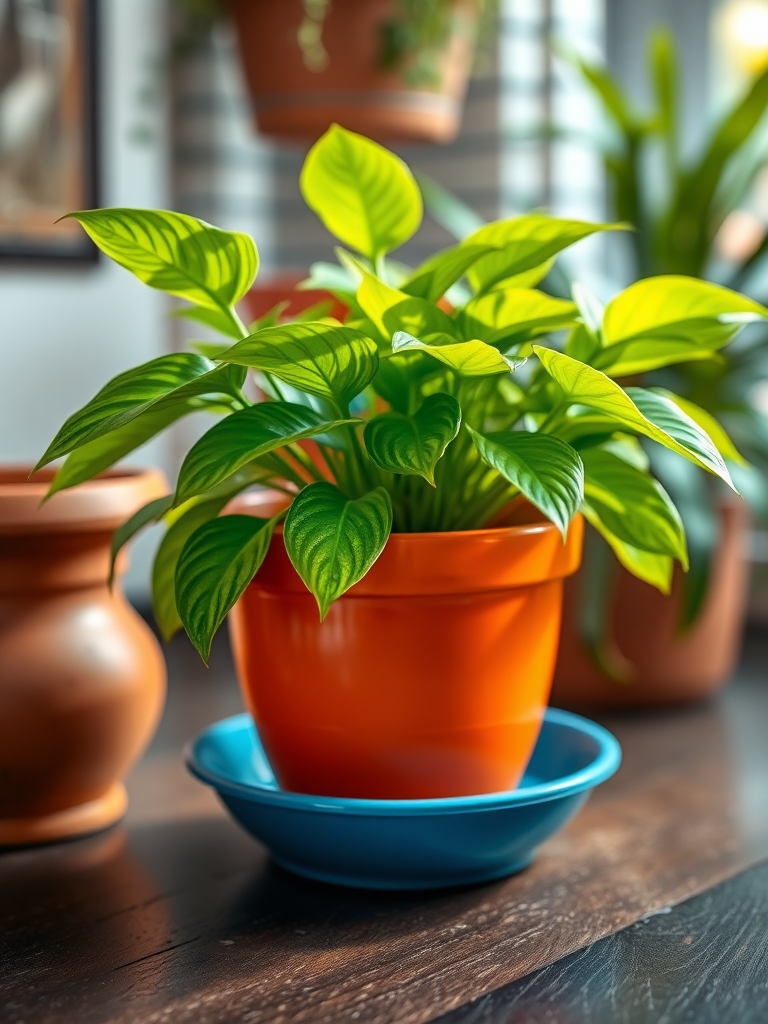 Create a vibrant digital illustration of a potted plant with lush green leaves in an orange pot on a blue saucer, captured from a low angle with a depth of field effect, using a high-resolution DSLR camera with a 50mm lens, f/1.8 aperture, and ISO 100 to enhance clarity and color saturation.