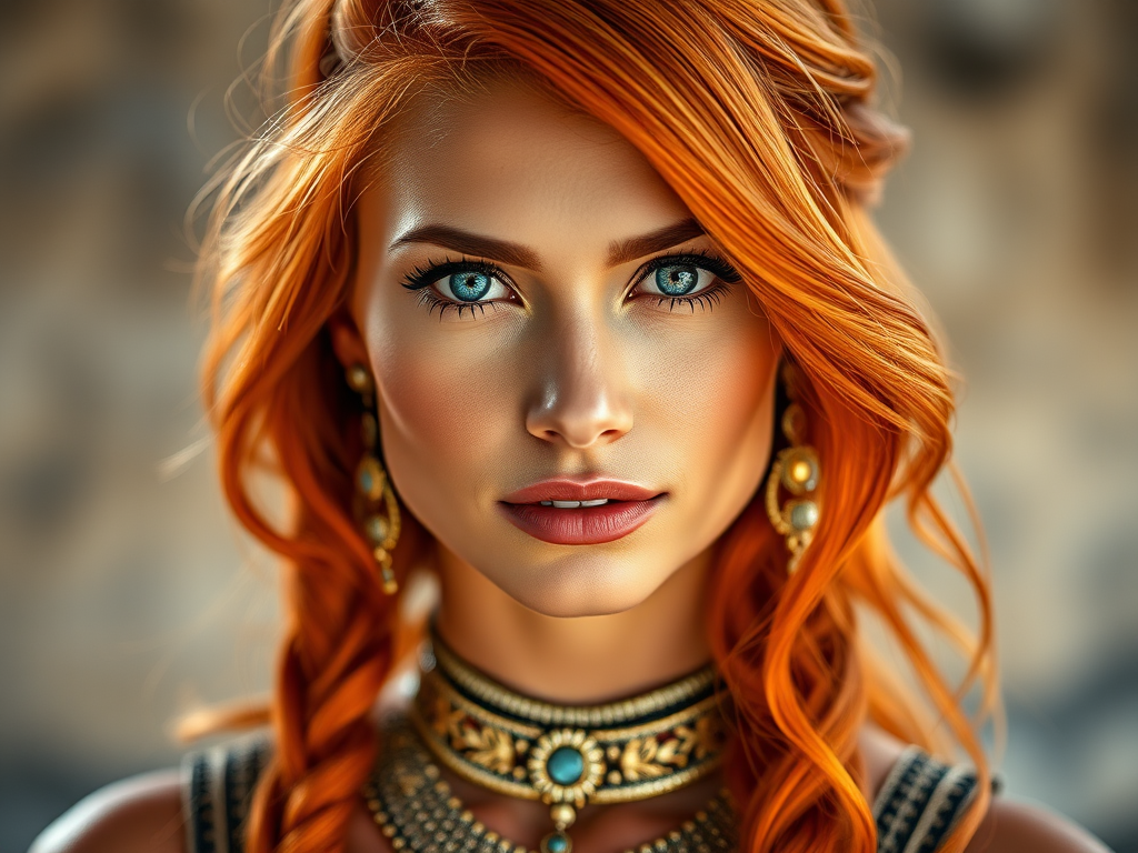 Create a close-up portrait of a beautiful woman with vibrant orange hair and intricate jewelry, captured with a Canon EOS R5 at f/1.8, ISO 100, and 85mm lens, using natural light to emphasize her striking blue eyes and detailed facial adornments, with a soft bokeh background to enhance focus on her features.