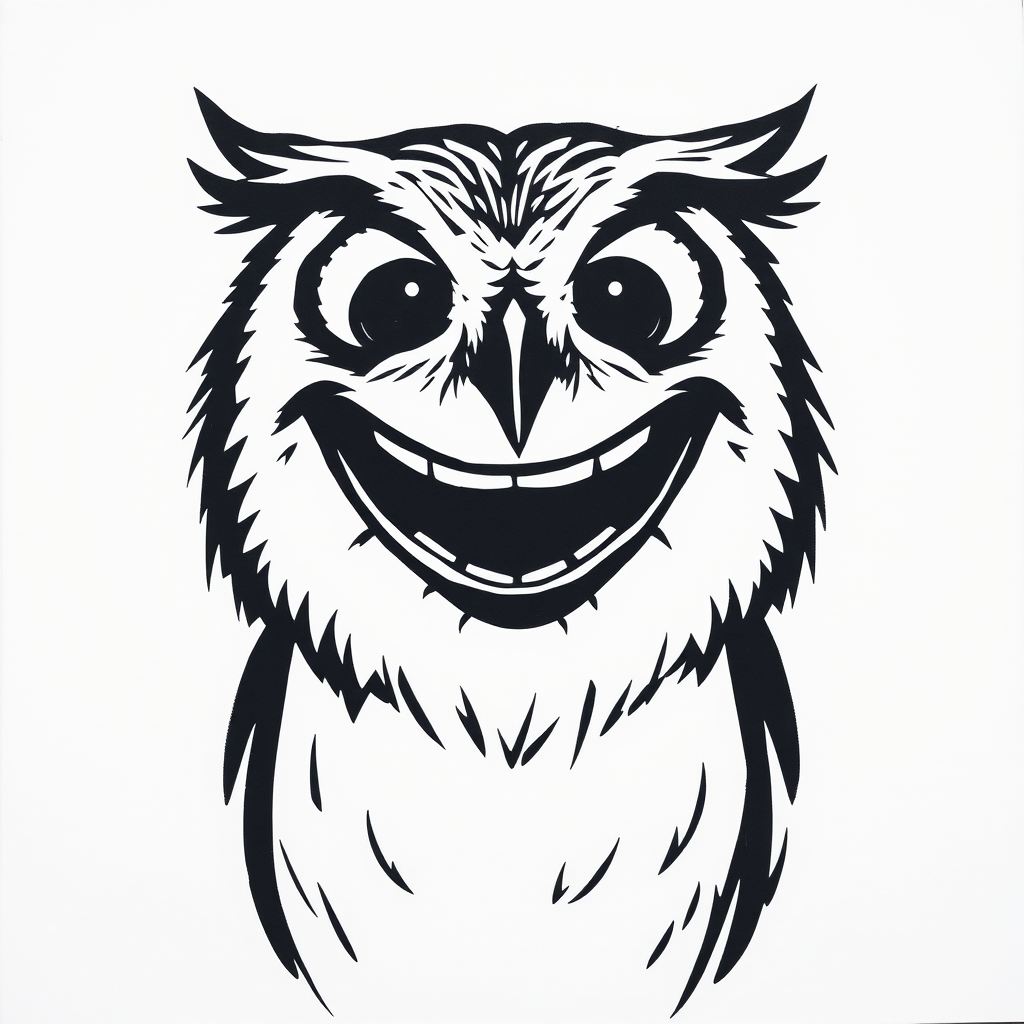 Abstract black and white acrylic portrait of an over exaggerated laughing (owl). Minimalism style. White background.