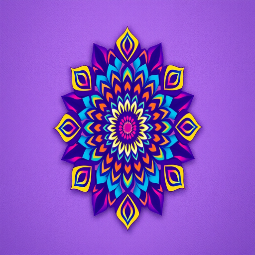 Create a vibrant mandala pattern on a textured purple background, using a Canon EOS R5, 50mm f/1.4 lens, f/2.8 aperture, ISO 100, and natural soft lighting for enhanced detail and clarity.